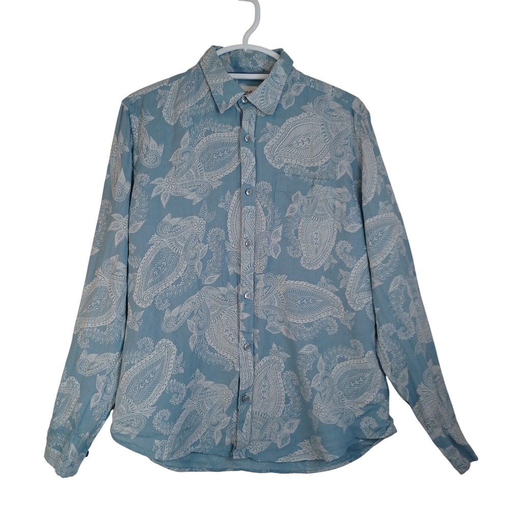 Murano Baird McNutt Linen Paisley Shirt Light Blue White Long Sleeve Medium